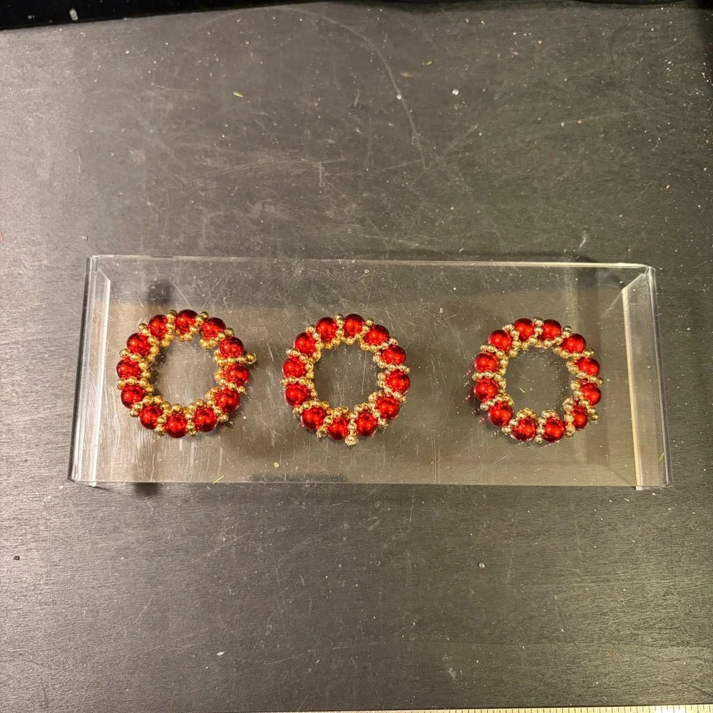 Set of 3 Beaded Christmas Wreath Ornaments Red Gold Metallic Miniature 1.5 Inch
